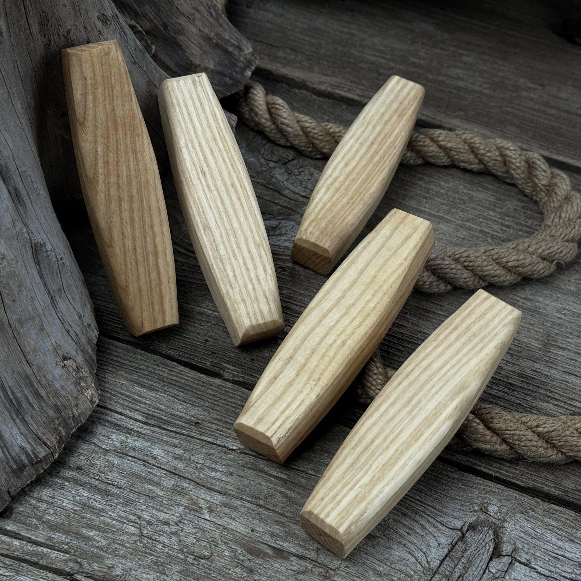 Set of 5 ergonomic ash wood replacement handles for knives and drawknives by Sharky Forged Steel Tools