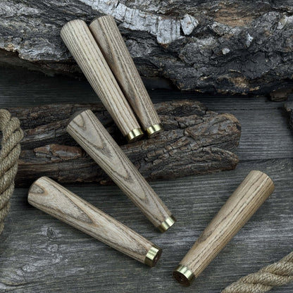 Set of 5 tapered ash wood tool handles with brass rings by Sharky Forged Steel Tools