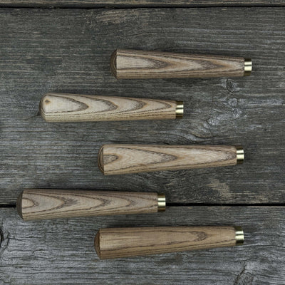 Set of 5 tapered ash wood tool handles with brass rings by Sharky Forged Steel Tools