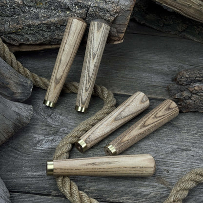 Set of 5 tapered ash wood tool handles with brass rings by Sharky Forged Steel Tools