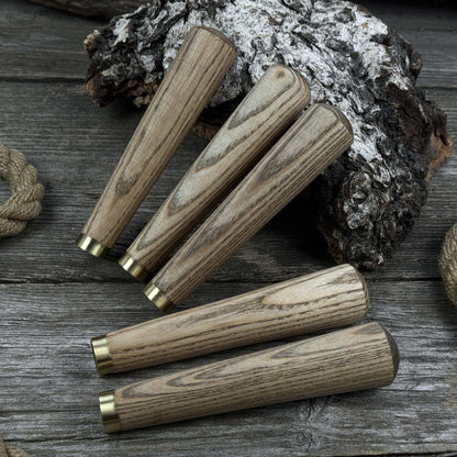 Set of 5 tapered ash wood tool handles with brass rings by Sharky Forged Steel Tools