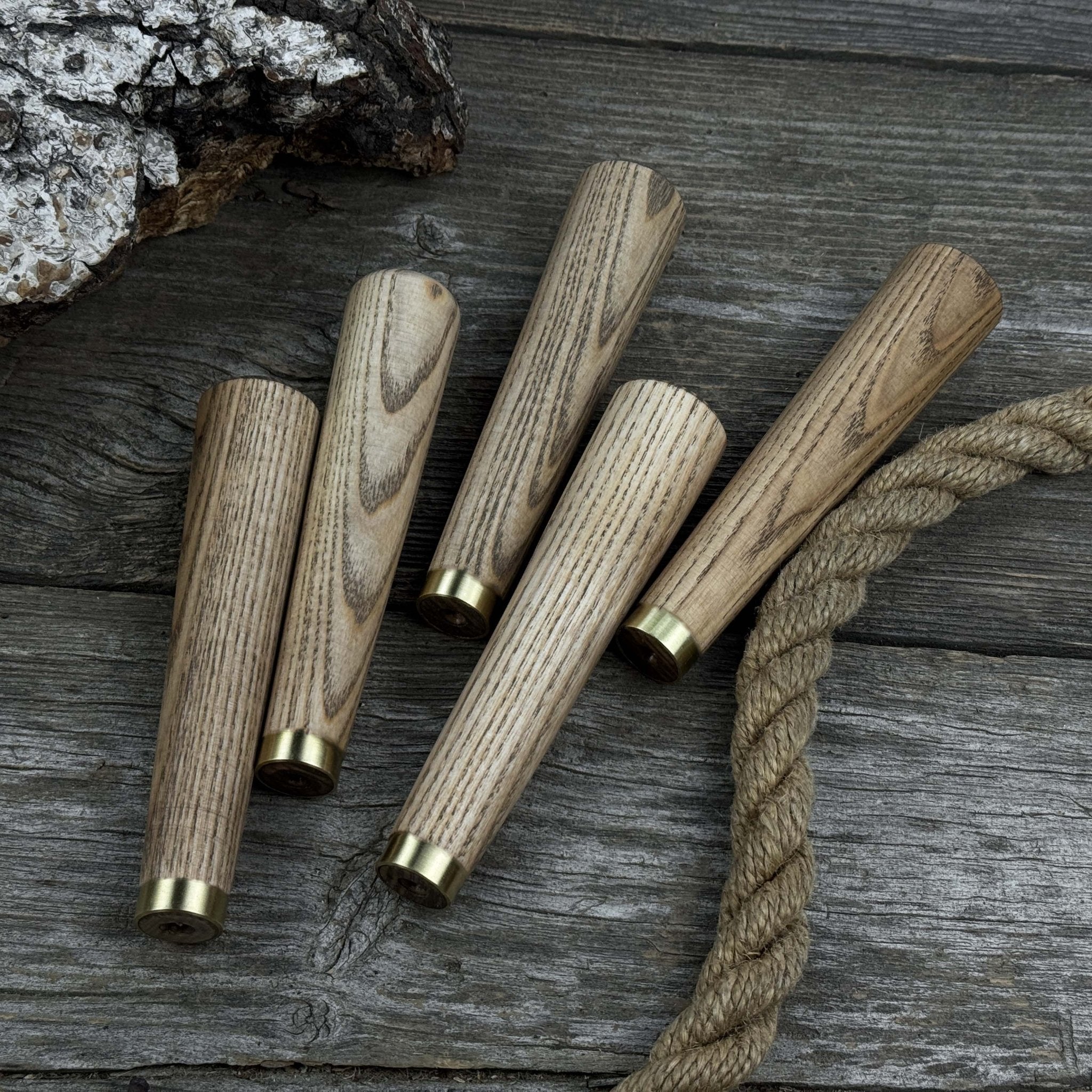 Set of 5 tapered ash wood tool handles with brass rings by Sharky Forged Steel Tools