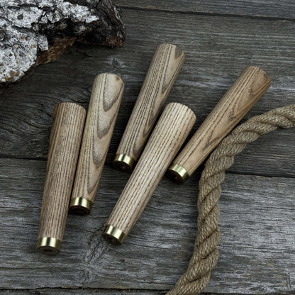 Set of 5 tapered ash wood tool handles with brass rings by Sharky Forged Steel Tools