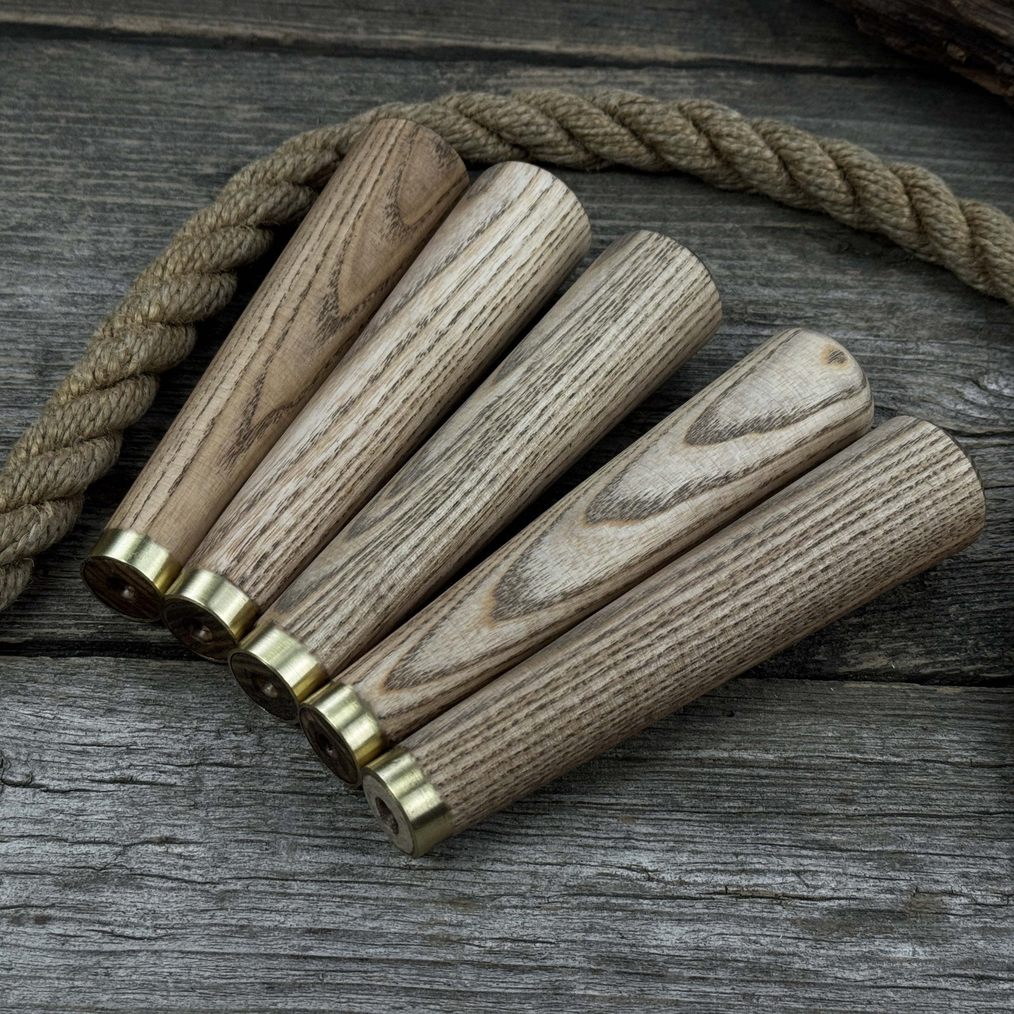 Set of 5 tapered ash wood tool handles with brass rings by Sharky Forged Steel Tools