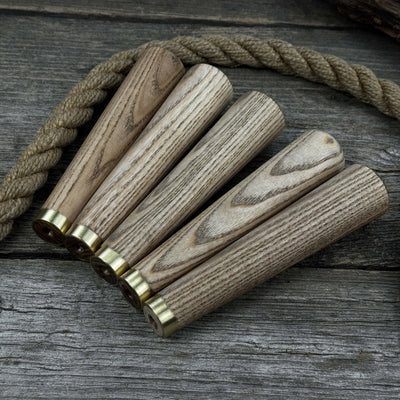 Set of 5 tapered ash wood tool handles with brass rings by Sharky Forged Steel Tools