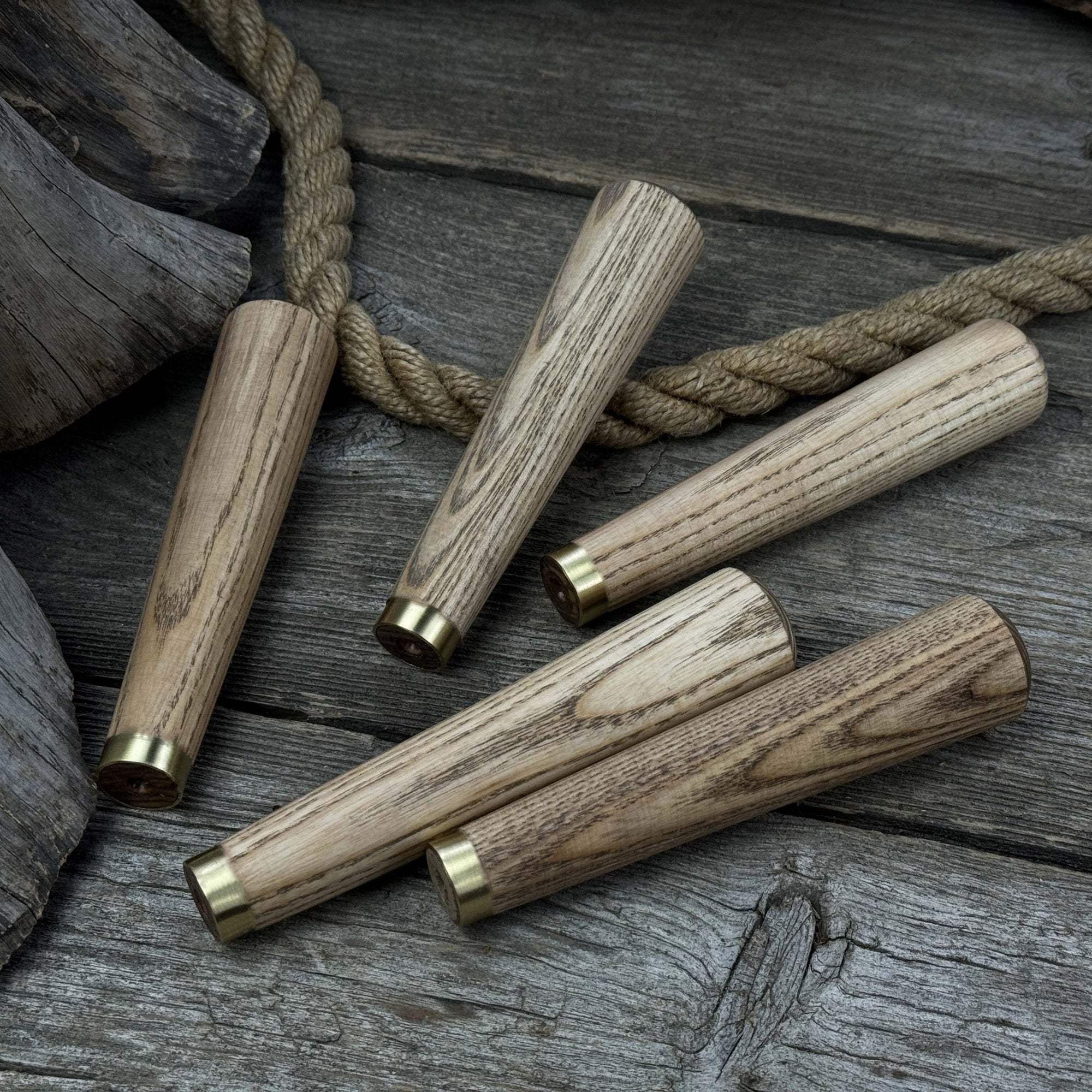 Set of 5 tapered ash wood tool handles with brass rings by Sharky Forged Steel Tools