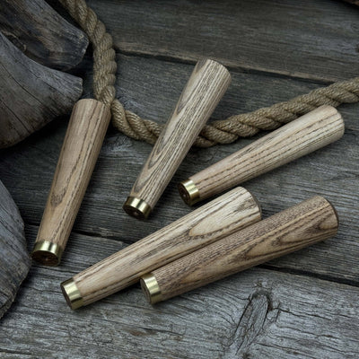 Set of 5 tapered ash wood tool handles with brass rings by Sharky Forged Steel Tools