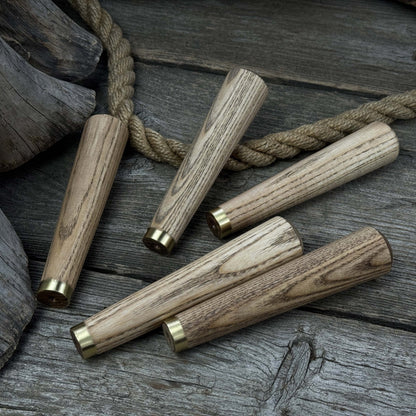Set of 5 tapered ash wood tool handles with brass rings by Sharky Forged Steel Tools