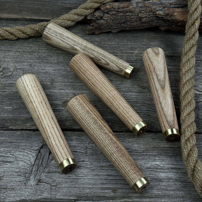Set of 5 tapered ash wood tool handles with brass rings by Sharky Forged Steel Tools
