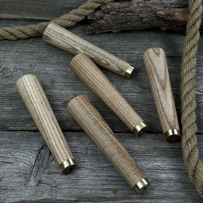 Set of 5 tapered ash wood tool handles with brass rings by Sharky Forged Steel Tools