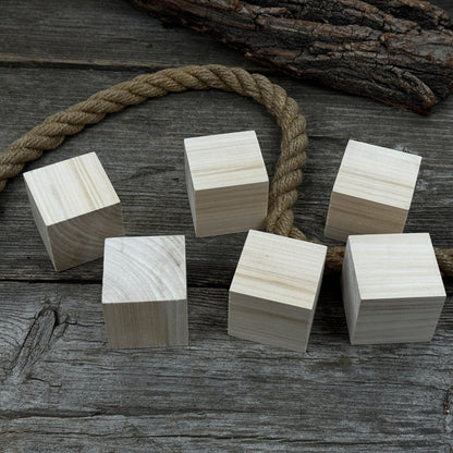 Set of six smooth linden wood carving blanks, each a 5 cm cube, ready for carving and crafts