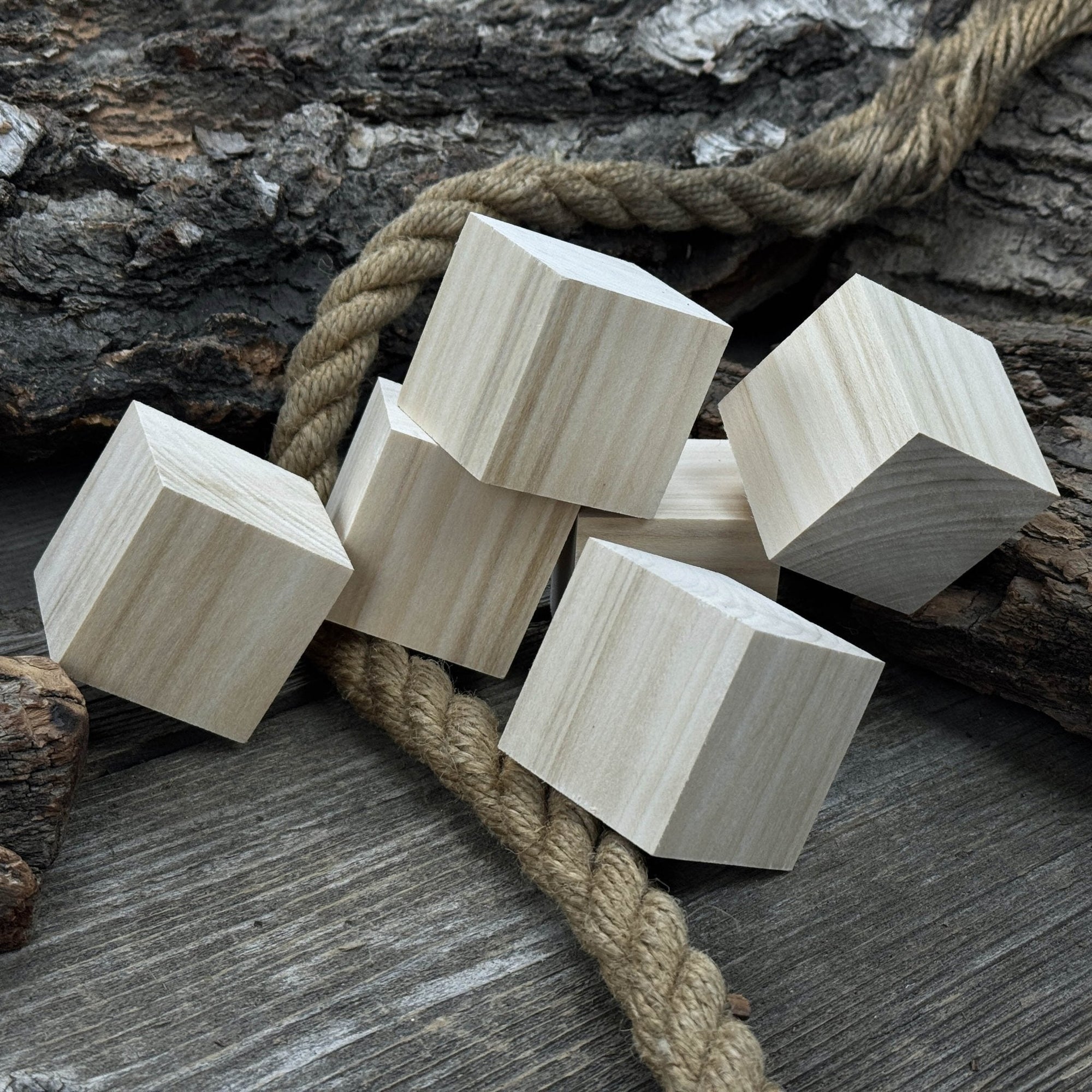 Set of six smooth linden wood carving blanks, each a 5 cm cube, ready for carving and crafts
