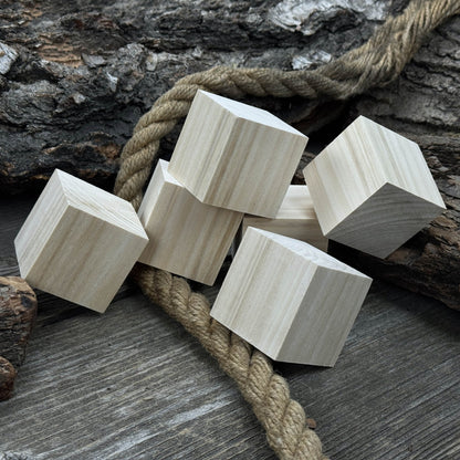 Set of six smooth linden wood carving blanks, each a 5 cm cube, ready for carving and crafts