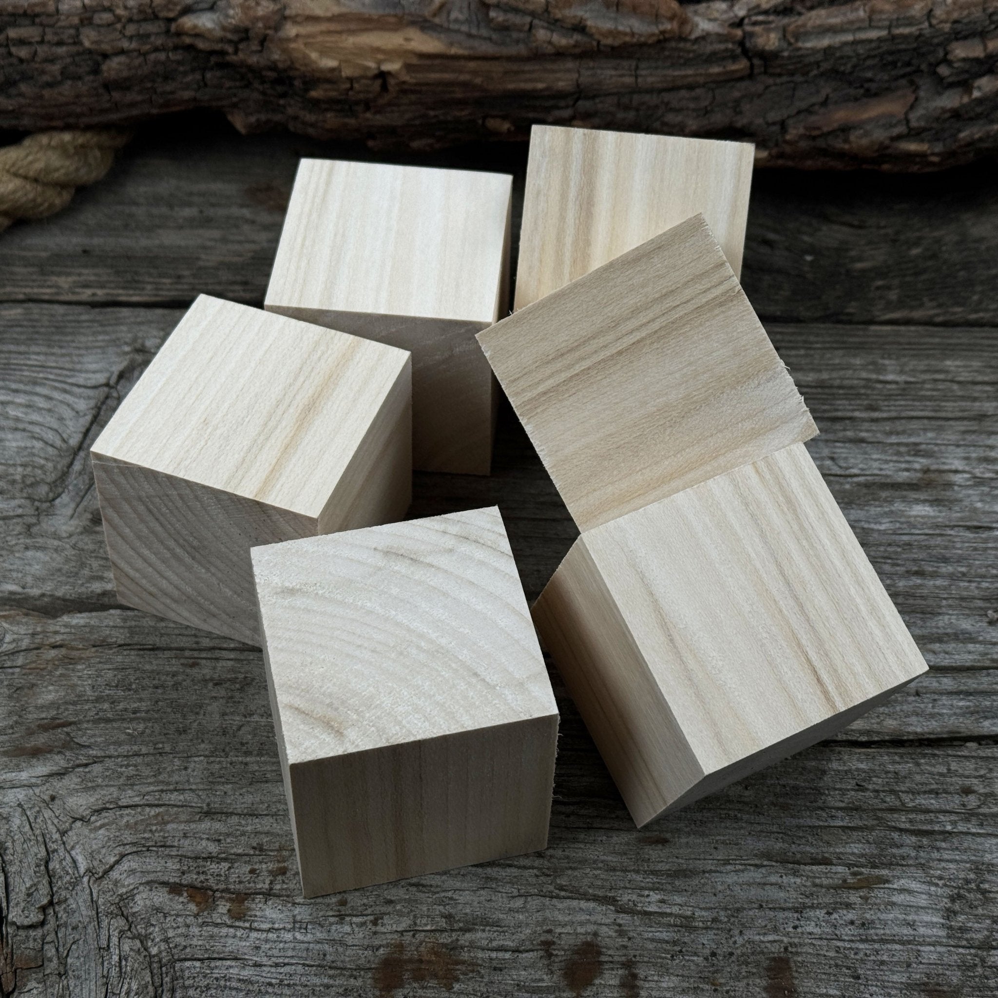 Set of six smooth linden wood carving blanks, each a 5 cm cube, ready for carving and crafts