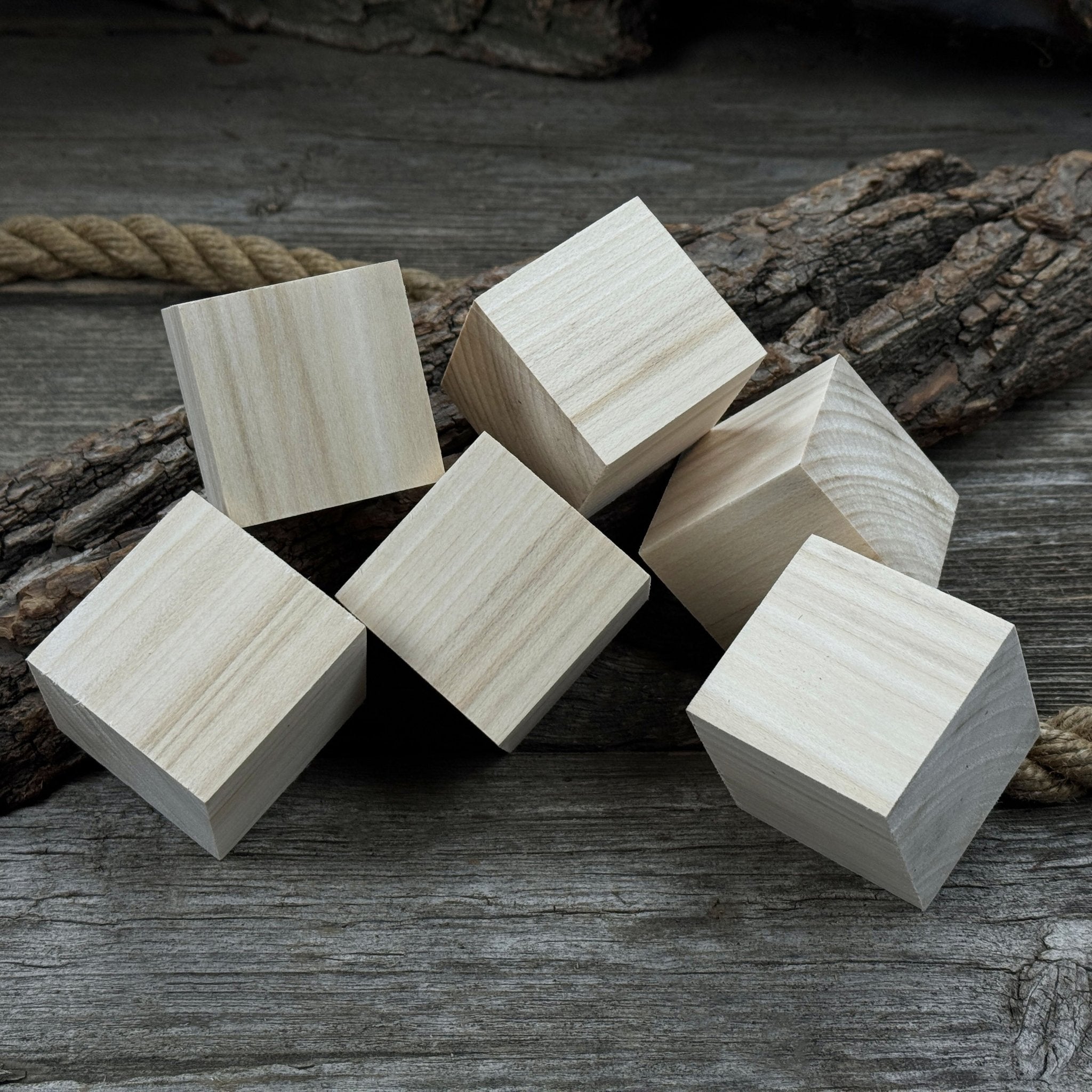Set of six smooth linden wood carving blanks, each a 5 cm cube, ready for carving and crafts