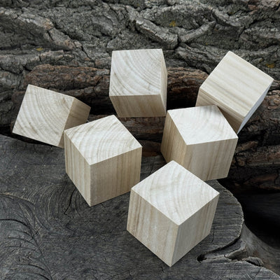 Set of six smooth linden wood carving blanks, each a 5 cm cube, ready for carving and crafts