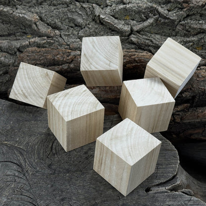 Set of six smooth linden wood carving blanks, each a 5 cm cube, ready for carving and crafts