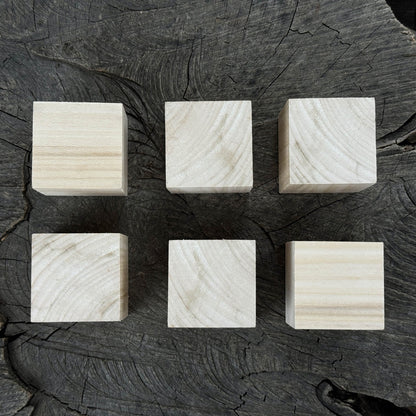 Set of six smooth linden wood carving blanks, each a 5 cm cube, ready for carving and crafts