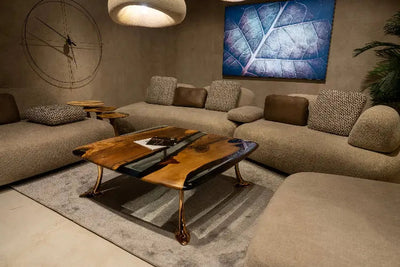 Luxury Epoxy Resin River Walnut Coffee Table with aluminum cast legs from the Osso Collection