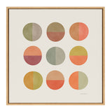 Square framed canvas with nine half-and-half colored circles arranged in three rows, featuring earthy tones like olive, rust, peach, and coral on a beige background.