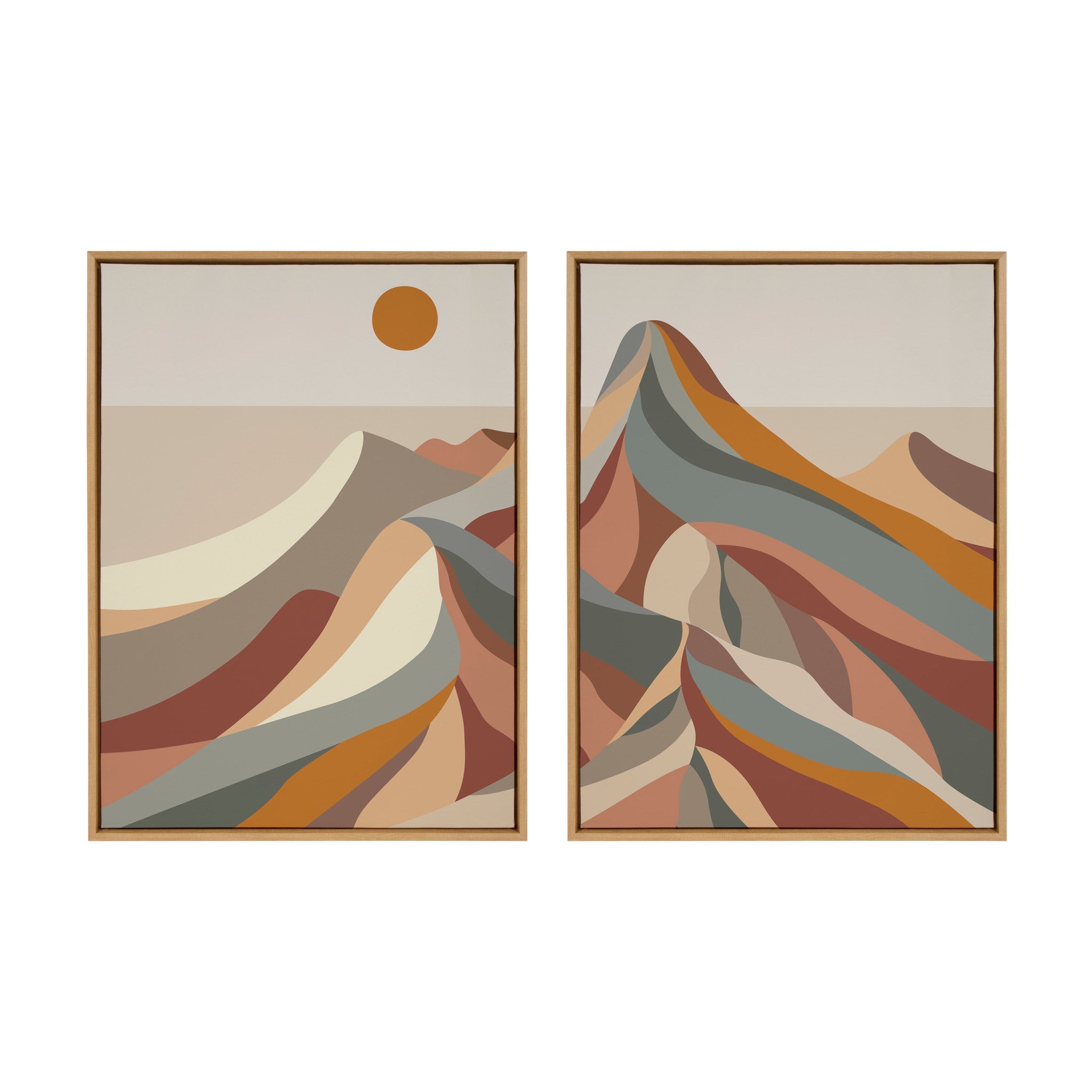 Sylvie Mid Century Modern Mountains framed canvas art set by Rachel Lee, showing colorful stylized mountain shapes in mid-century modern style