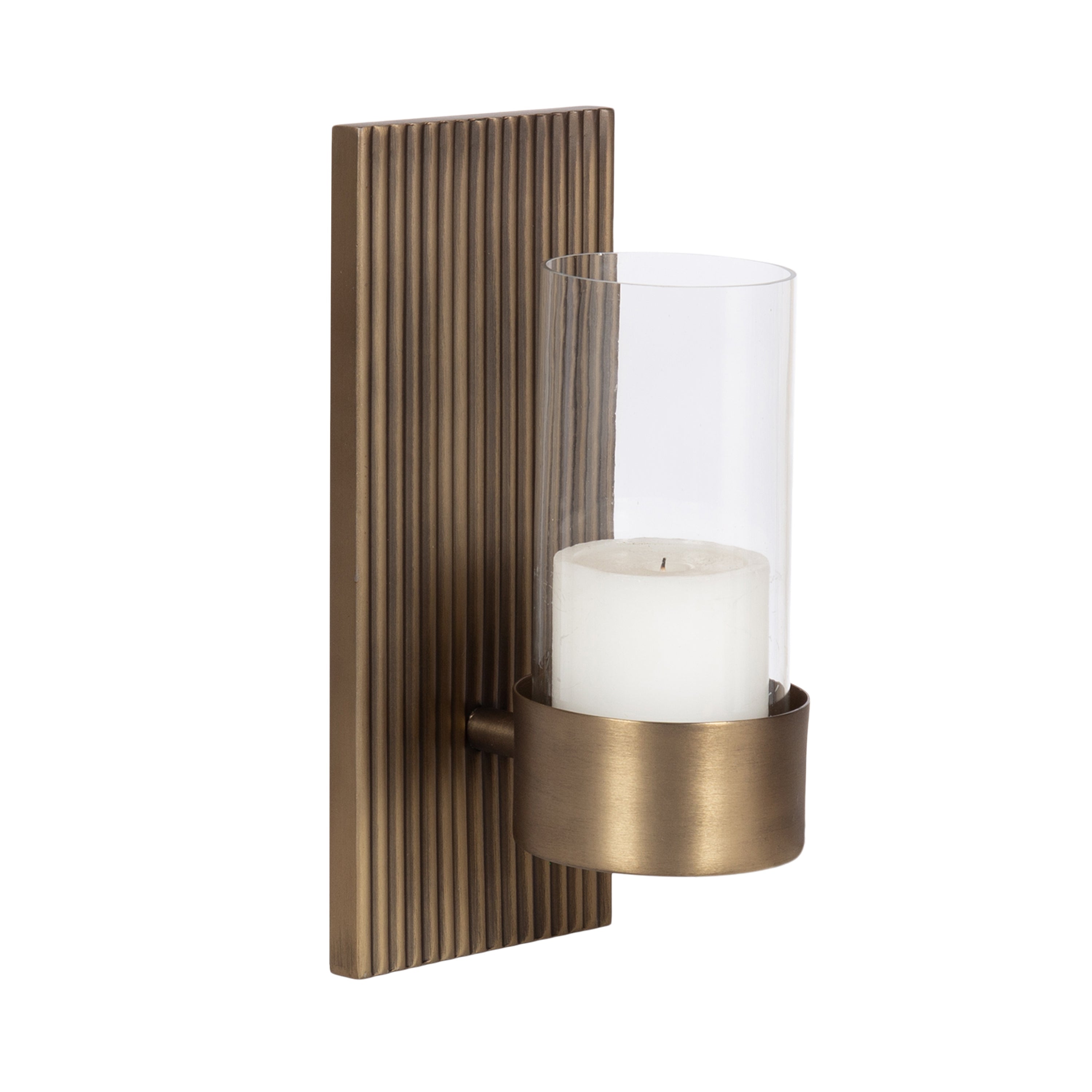 Rooks Metal Wall Sconce with ribbed metal design and removable glass cylinder, shown in Pewter finish.