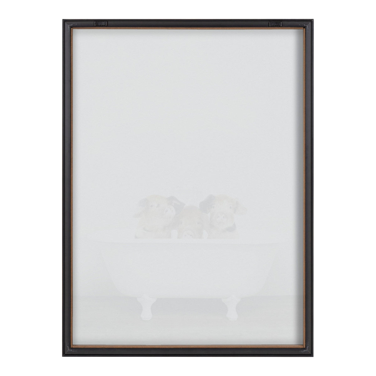 Three piglets sitting together inside a white vintage clawfoot bathtub against a plain background, framed in a dark wood frame with a glass front.