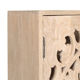 Close-up of a light wood corner showing an intricately carved floral pattern on a cabinet door with a visible dark metal hinge.