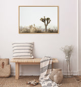 Minimalist interior with a wooden bench, striped pillow and blanket, woven baskets, and a framed canvas of a single Joshua tree against a pale sky on the wall.