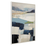 Abstract canvas painting featuring layered blocks and smudges of blue, white, and beige with a hint of green, framed in simple white and viewed at an angle.