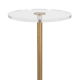 Round clear acrylic tabletop with a gold cylindrical central support and matching gold base detail, shown against a white background.