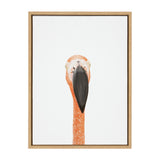 Portrait of a pink flamingo with a long neck and large black beak centered against a plain white background in a light wooden frame.