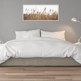 Framed canvas print of tall light brown marsh grass against a soft white background hanging above a neatly made bed with white bedding and grey base in a minimalist bedroom.