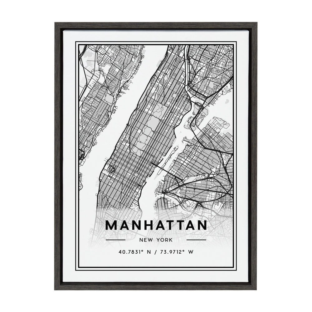 Black and white detailed map of Manhattan, New York, with latitude and longitude coordinates, framed in a dark wooden frame with double border matting.