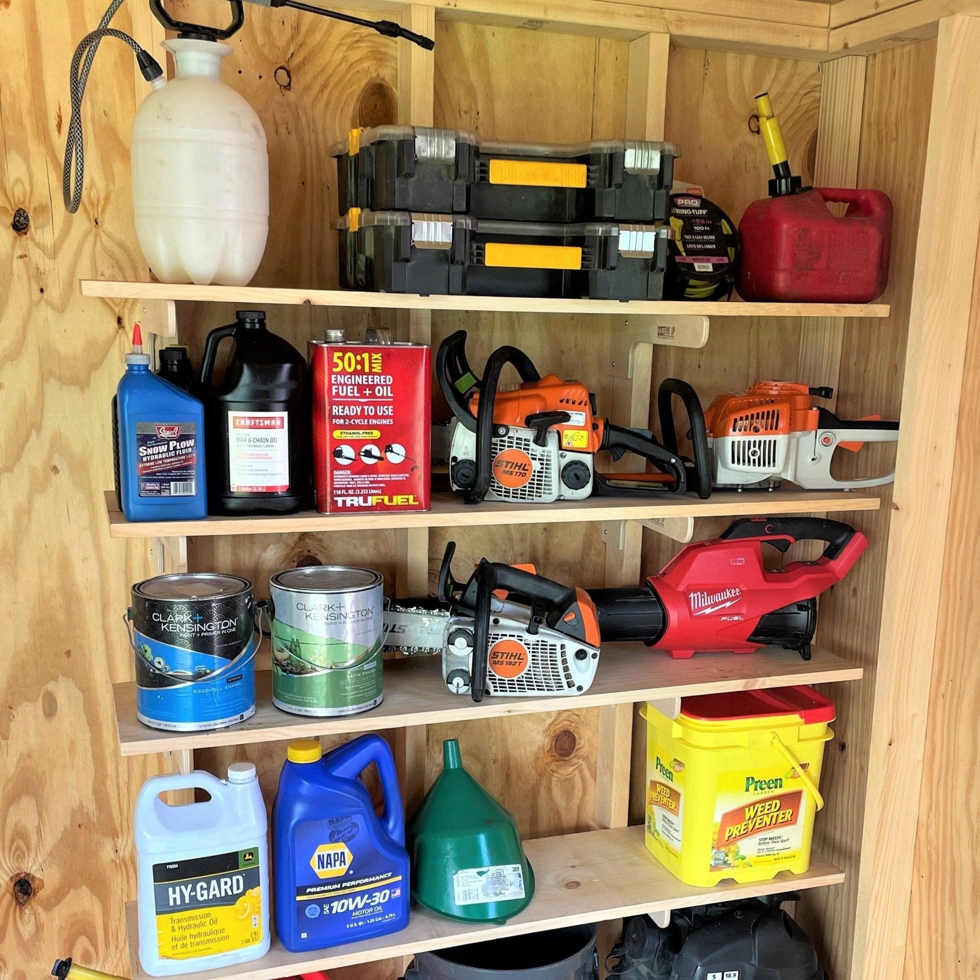 Heavy-Duty Shed Shelf Bracket Kits by HangThis Up installed with tools and storage boxes in a shed