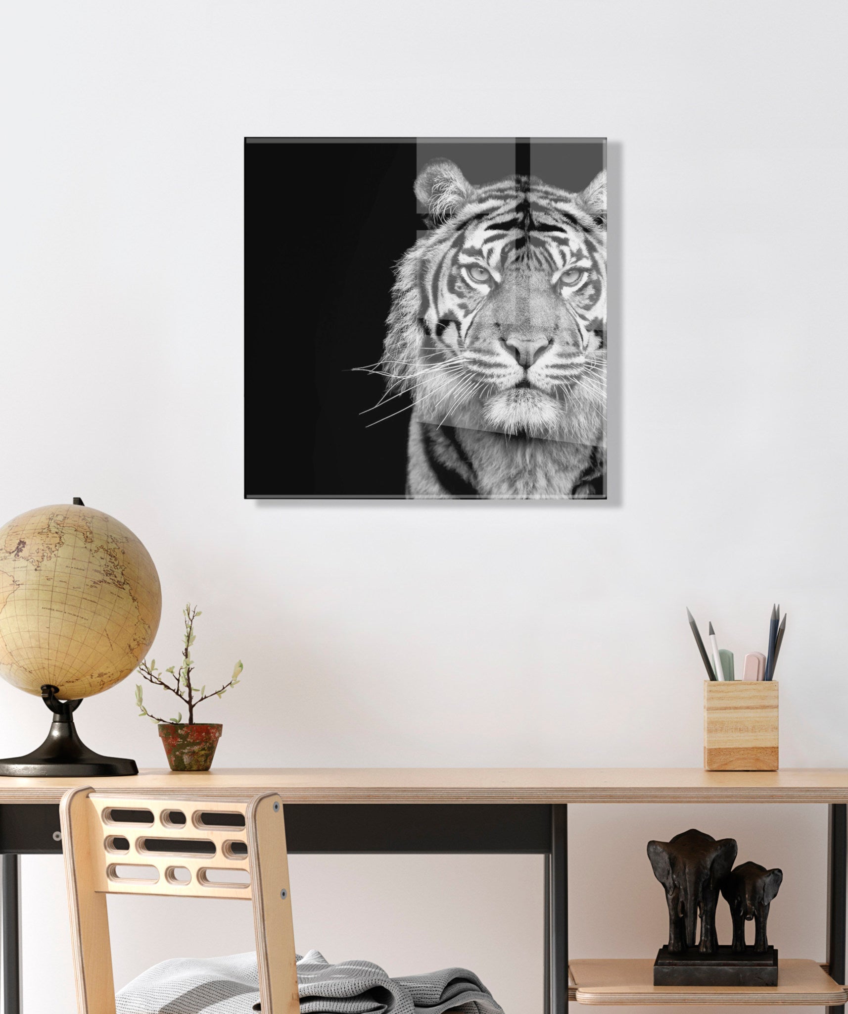 Tiger Minimalist Animal Portrait on Black Close Crop Floating Acrylic by kateandlaurel - product image 9 for Resin Society