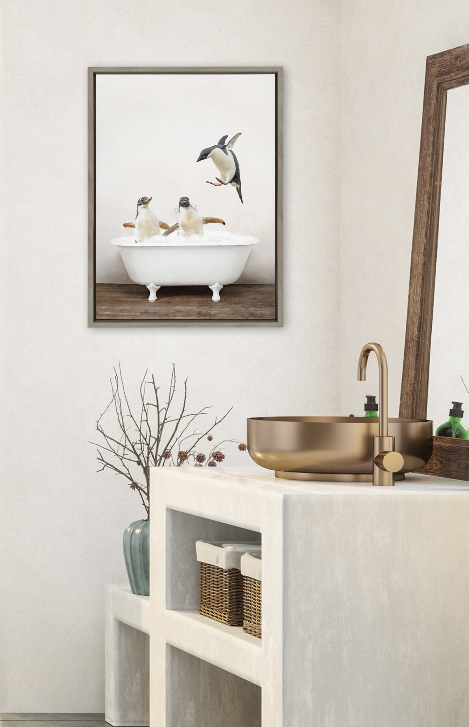 Sylvie Penguins Playing in Rustic Bath Framed Canvas by kateandlaurel - product image 16 for Resin Society