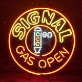 Signal Gas Open Neon Signs Light with glowing neon letters mounted on a metal grid