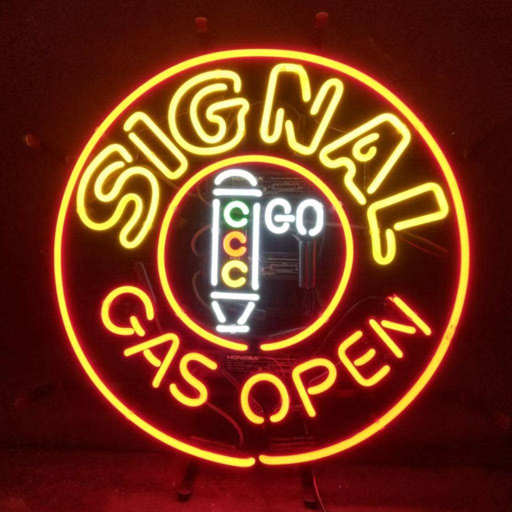 Signal Gas Open Neon Signs Light with glowing neon letters mounted on a metal grid