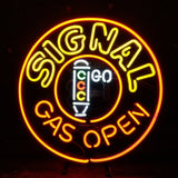 Neon sign with yellow uppercase 'SIGNAL' arched over a circular red outline and orange 'GAS OPEN' text below, featuring a white vertical gas pump graphic with green, red, and yellow circles inside.