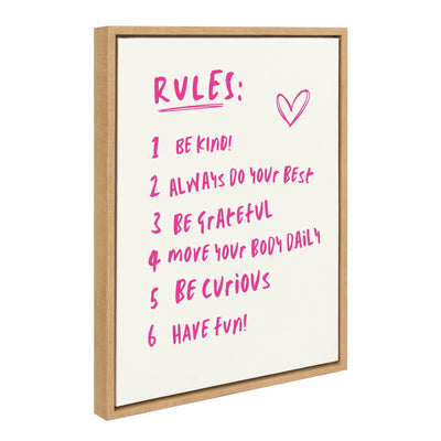 Sylvie House Rules framed canvas showing pink text of house rules in a modern floating frame