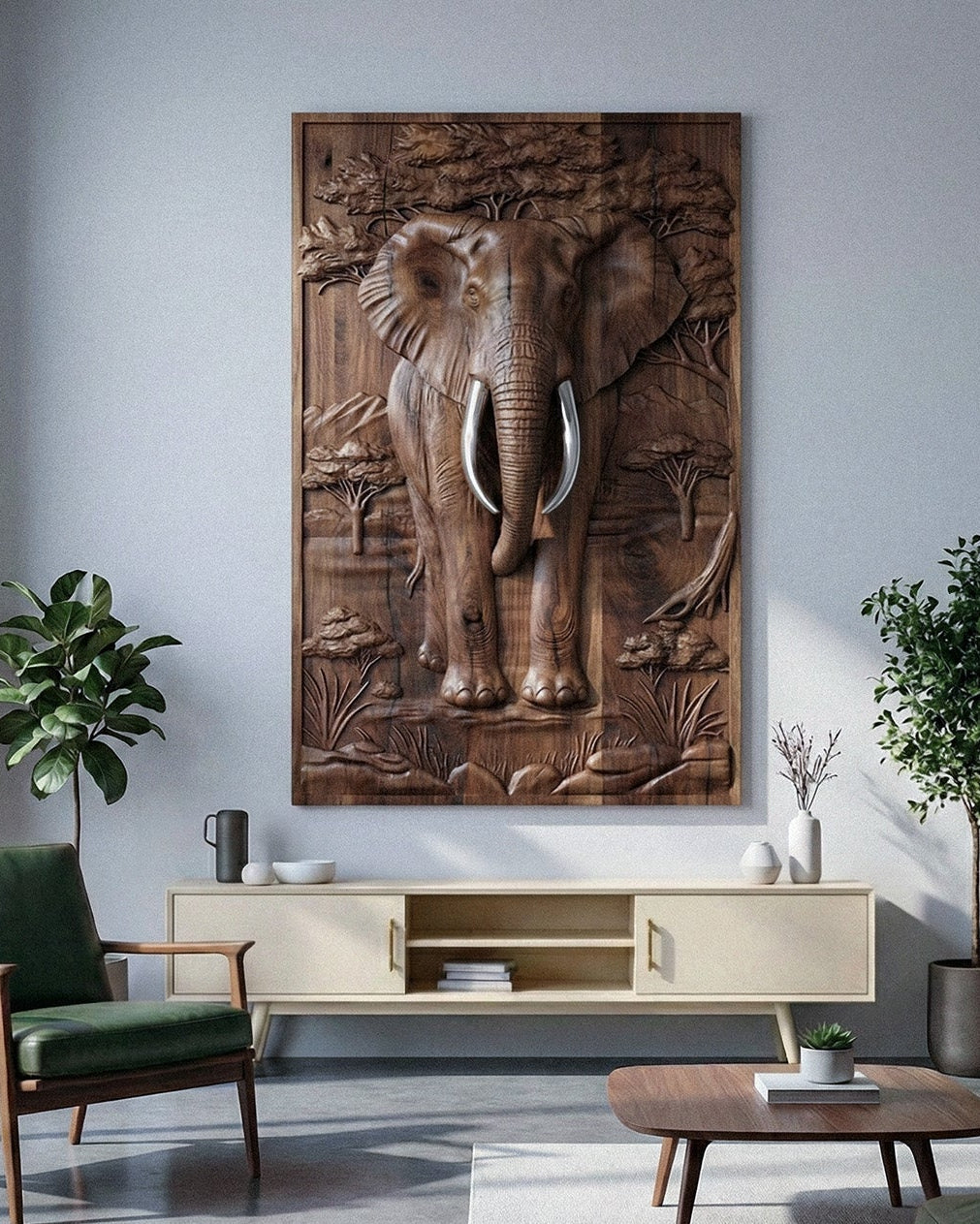 Majestic African Elephant 3D relief wood wall art with gold leaf tusks