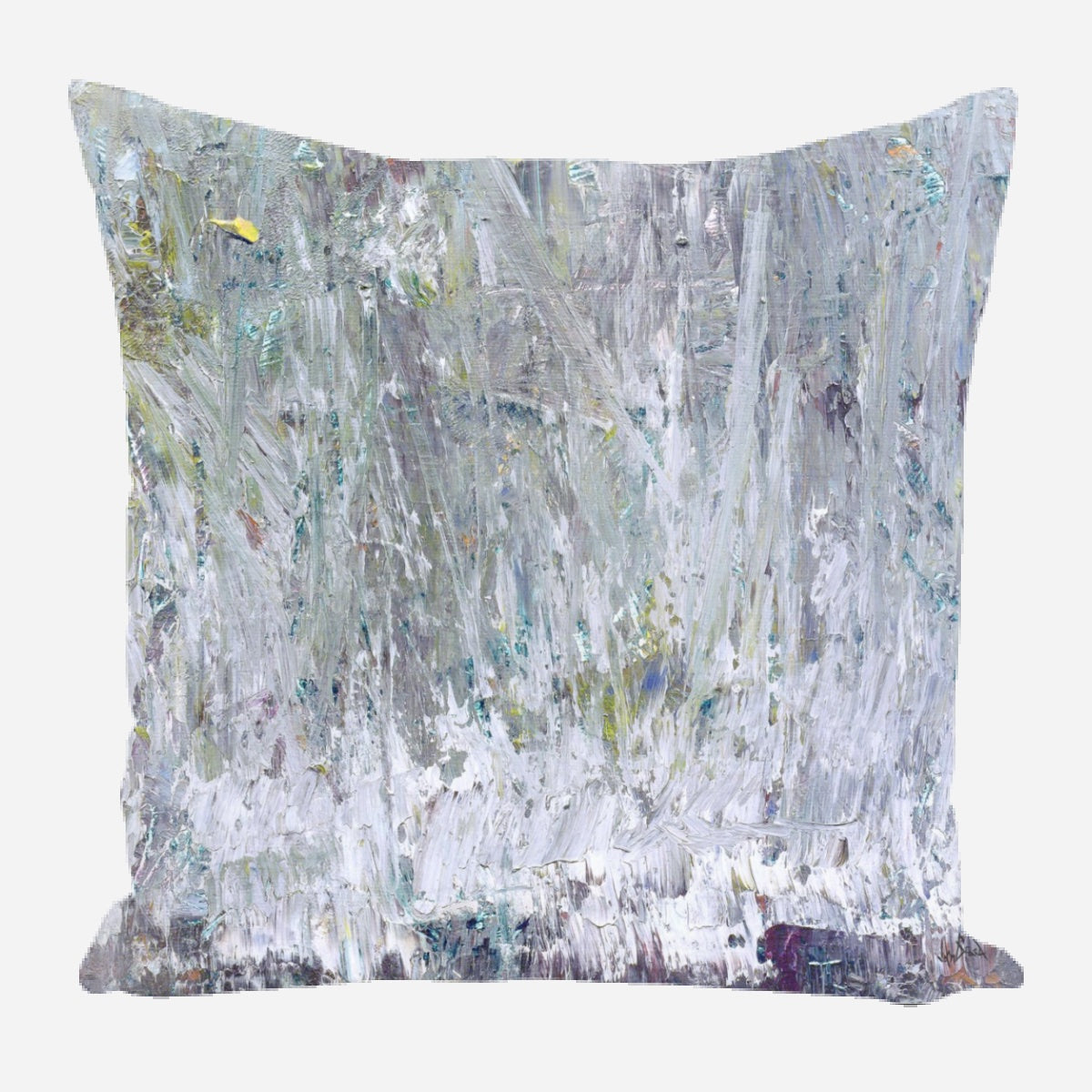 Square pillow featuring an abstract silver-gray textured pattern with subtle hints of green, yellow, and blue brushstrokes on a white background.
