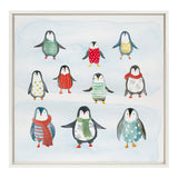 Nine whimsical penguins wearing colorful patterned sweaters and scarves on a pale blue watercolor background, arranged in three rows within a white frame.