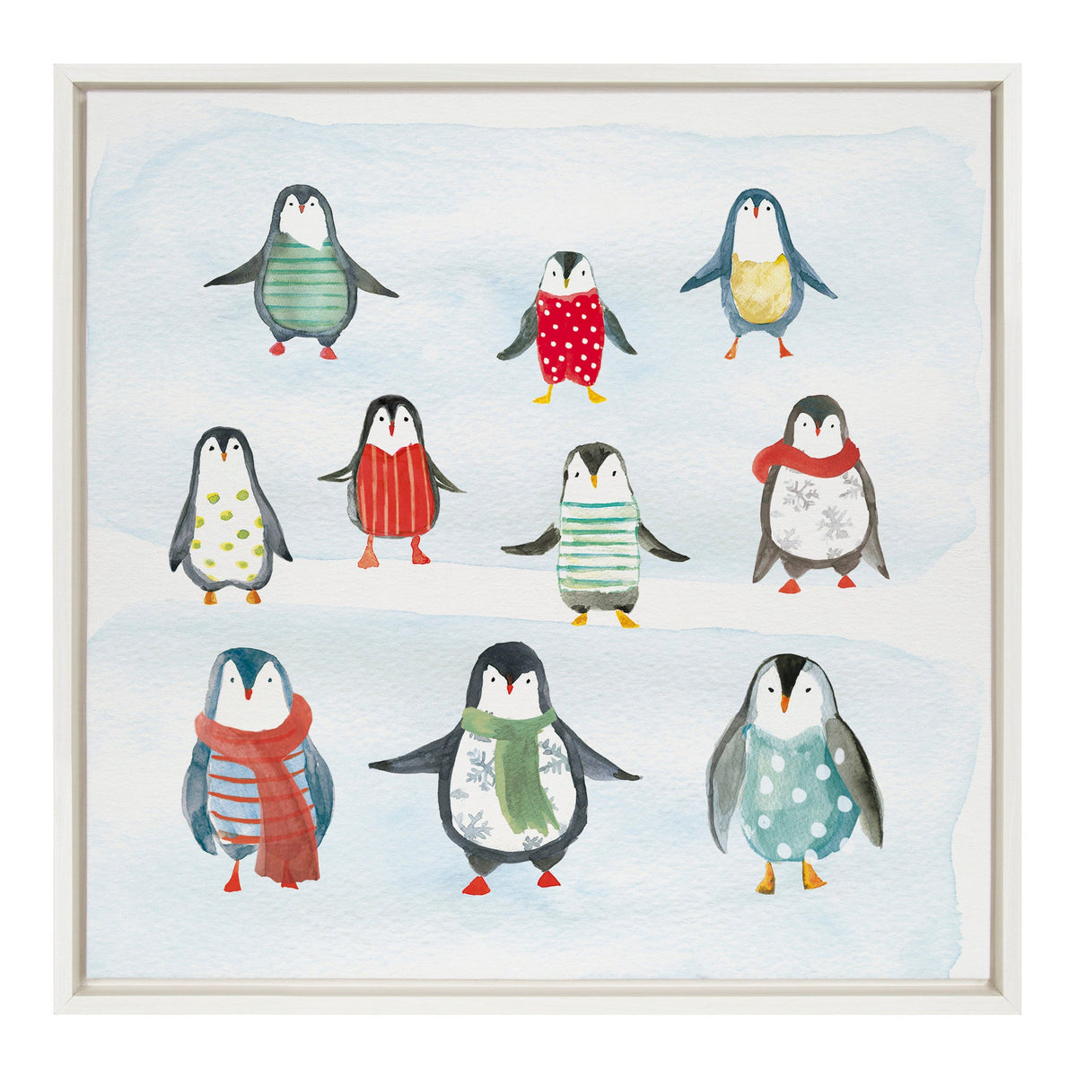 Nine whimsical penguins wearing colorful patterned sweaters and scarves on a pale blue watercolor background, arranged in three rows within a white frame.
