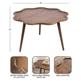 Small wooden coffee table with a scalloped, wavy edge and tapered legs, shown with dimensions 30" wide by 18" tall in rich walnut finish.