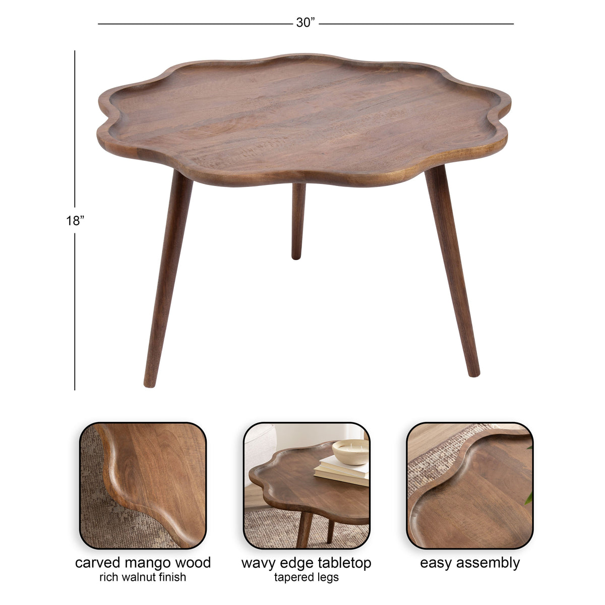 Small wooden coffee table with a scalloped, wavy edge and tapered legs, shown with dimensions 30" wide by 18" tall in rich walnut finish.