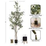 Tall faux eucalyptus tree with detailed green leaves and thin brown branches, shown with black planter on wooden legs and assembly components.