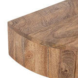 Close-up of curved edge detail on a wooden side table surface showing natural grain patterns and warm brown tones in smooth finish.
