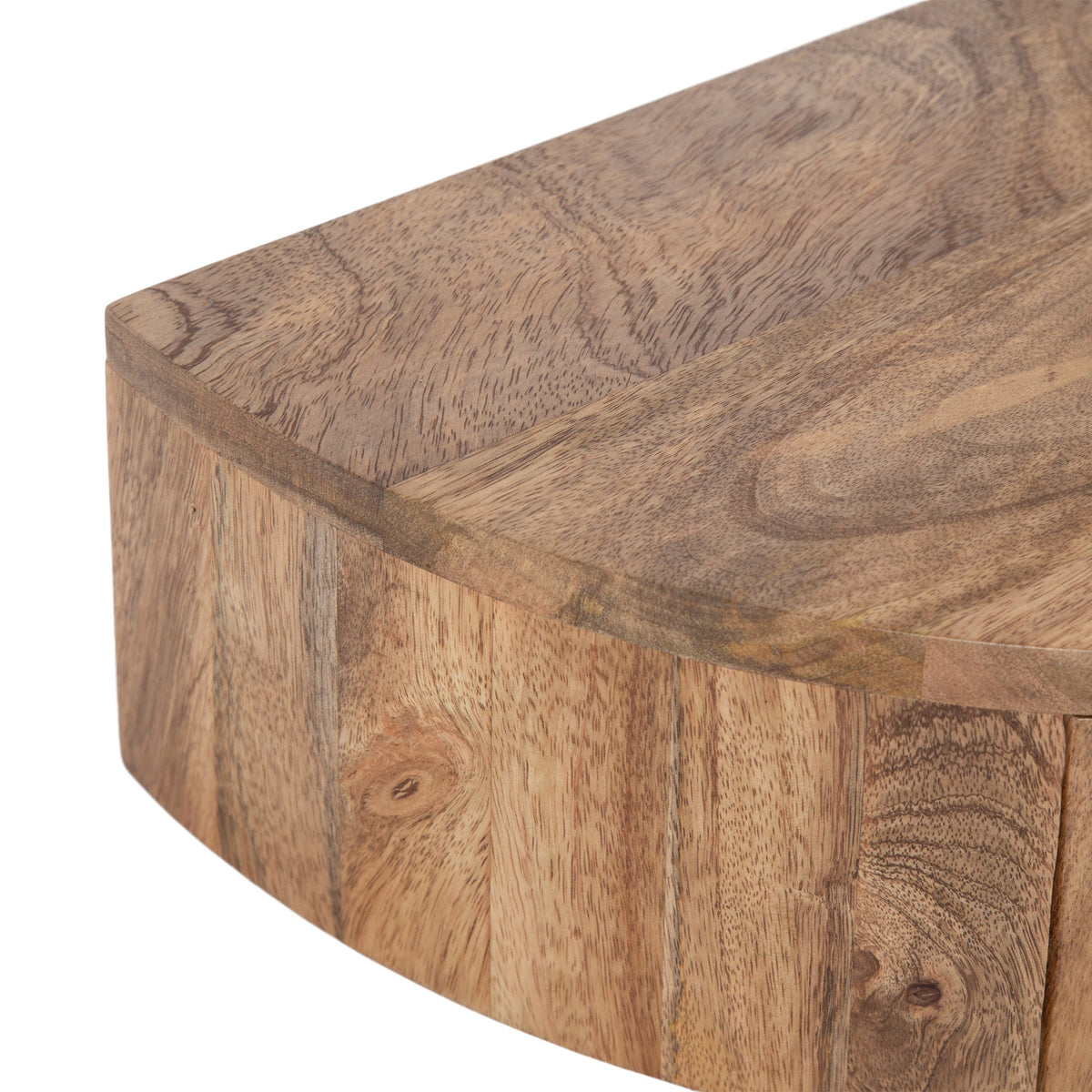 Close-up of curved edge detail on a wooden side table surface showing natural grain patterns and warm brown tones in smooth finish.